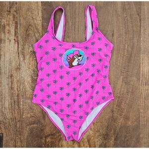 Bucees One Piece Swimsuit Womens M Pink Beaver Palm Trees Open Mid Back Beach